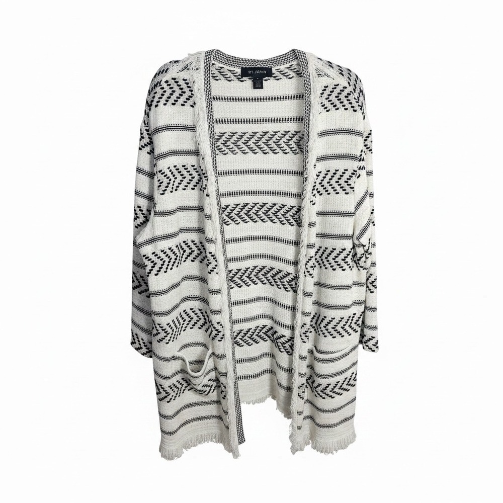 St. John Cardigan Women XL White Black Fringe Open Front Wool Blend Knit Sweater